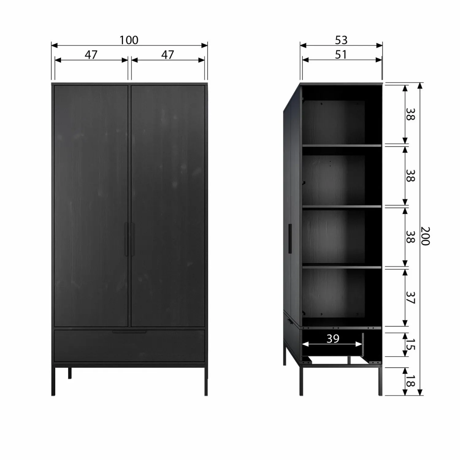 Discount WOOOD Adam 2-deurs kast grenen Zwart