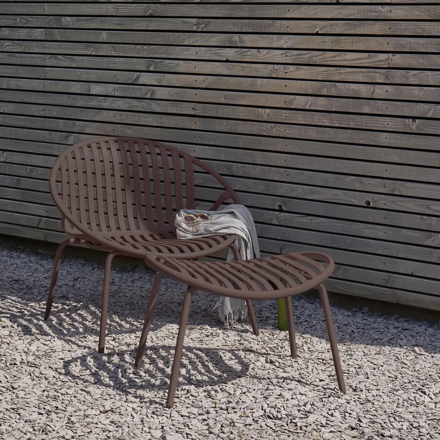 New WOOOD Bruce tuin loungestoel + hocker pp/metaal Paars/bruin