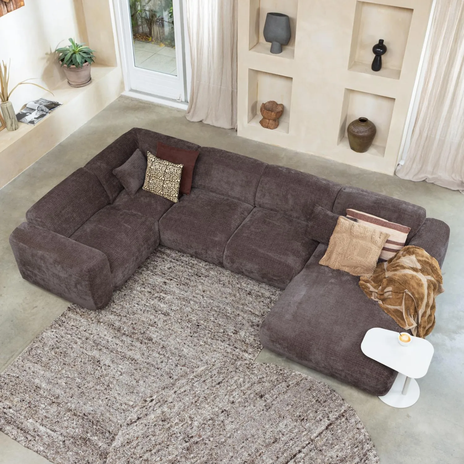 Hot WOOOD Cloud hoekbank links geweven chenille Warm bruin