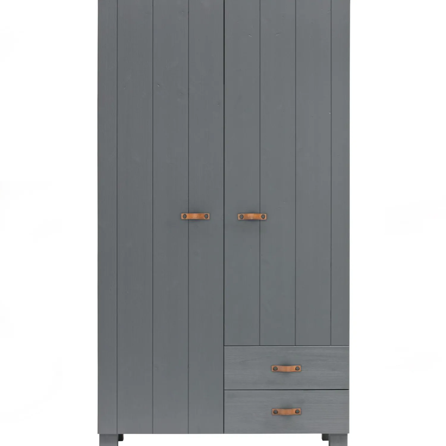 WOOOD Dennis kast met laden grenen steel grey leren greep Staalgrijs