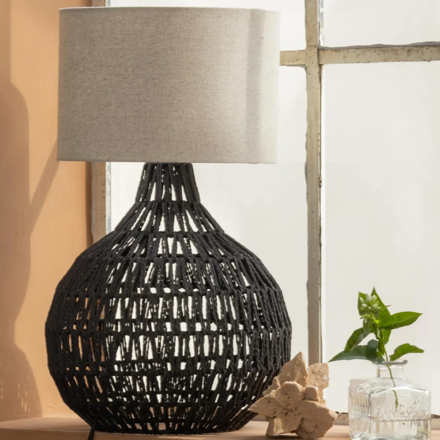 Clearance WOOOD Macy tafellampvoet rattan look zwart