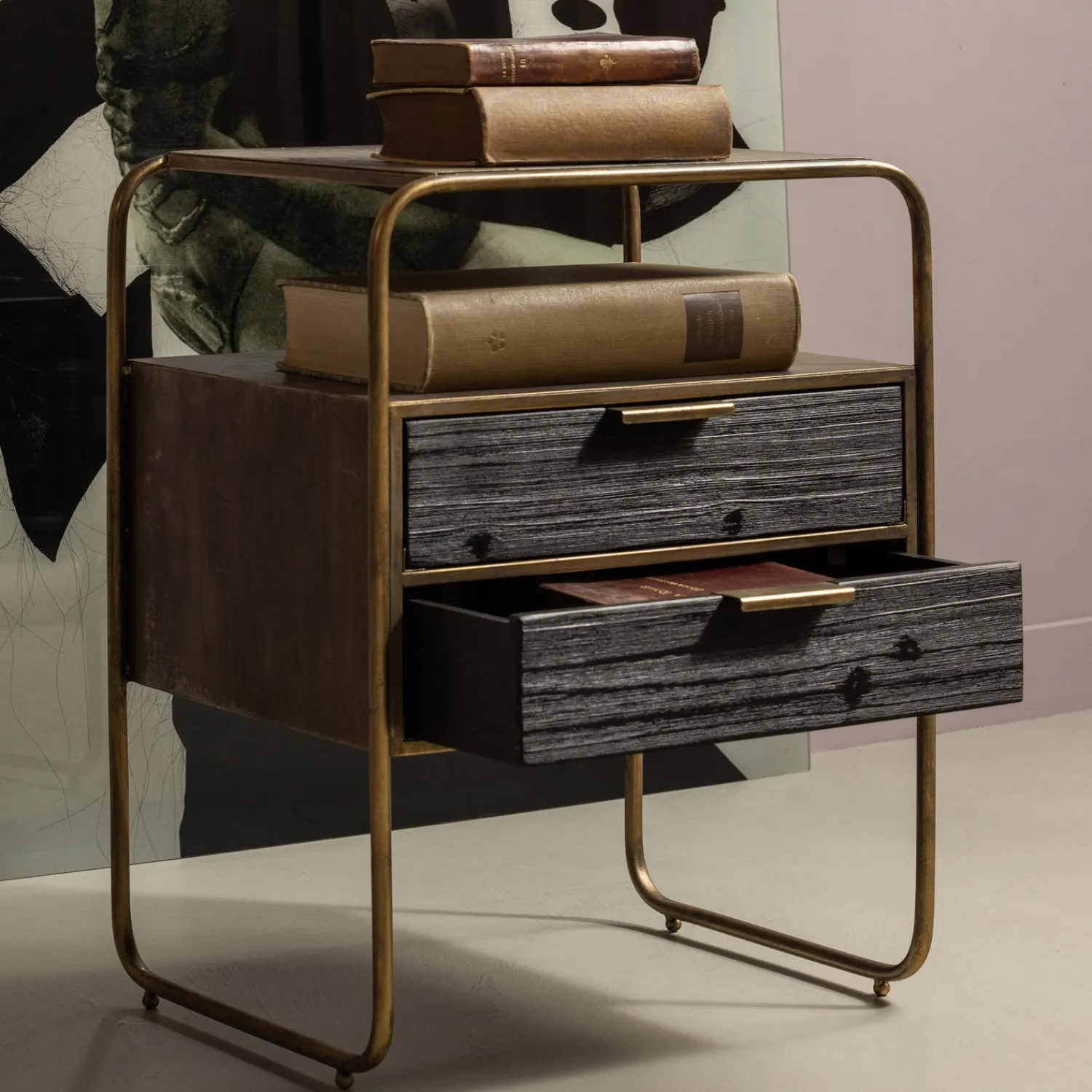 New WOOOD Polite nachtkastje metaal/hout antique brass