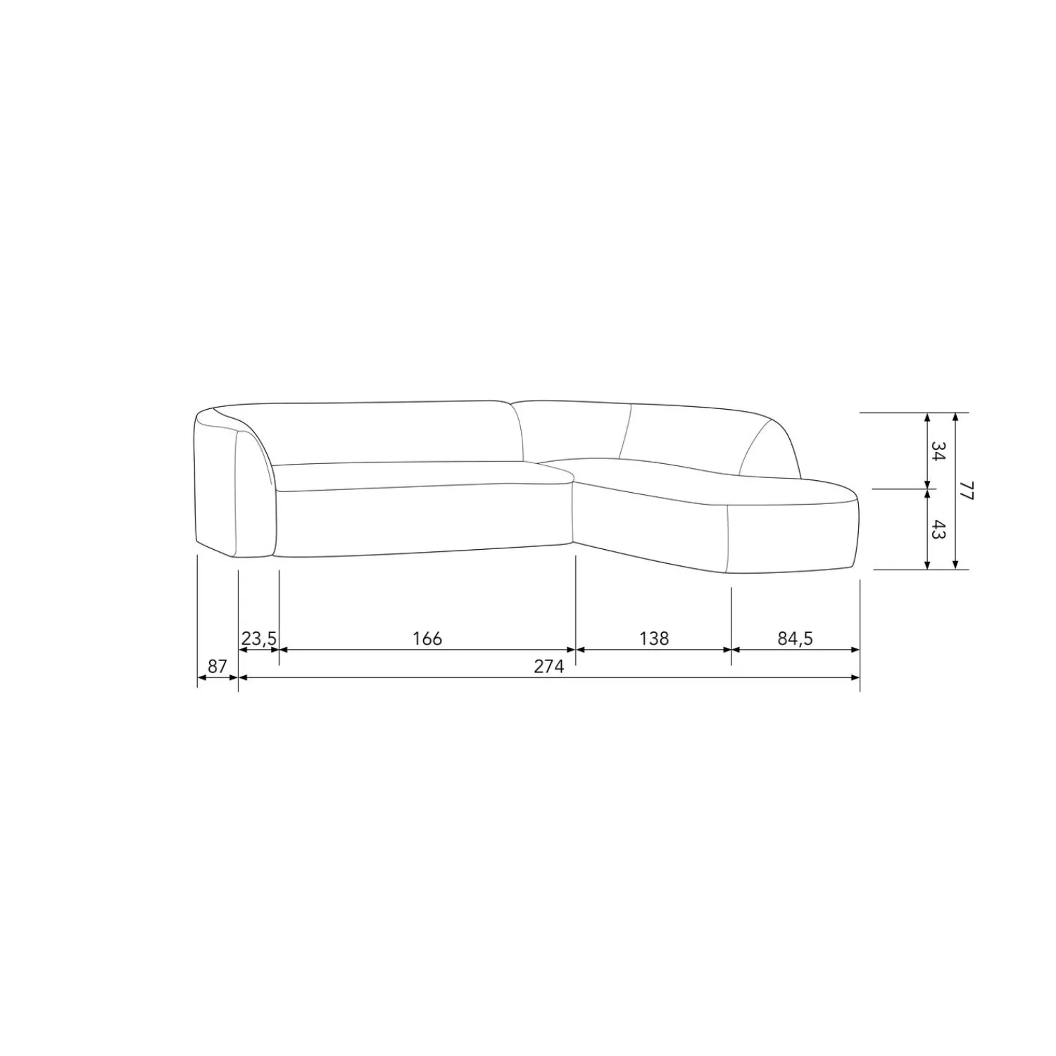 Clearance WOOOD Sloping hoekbank rechts Lichtbruin melange