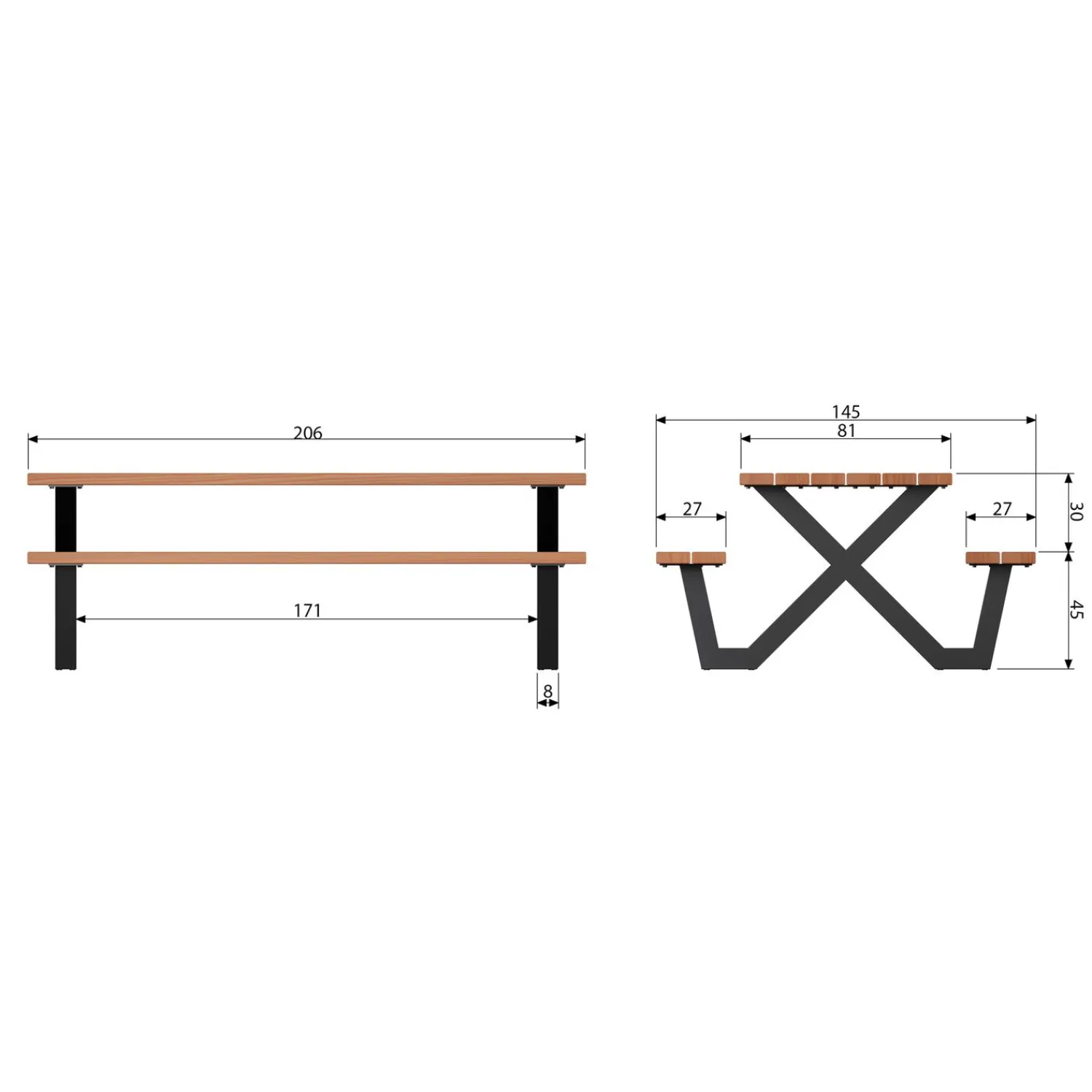 Hot WOOOD Tablo Outdoor picknicktafel ayous naturel X-poot metaal